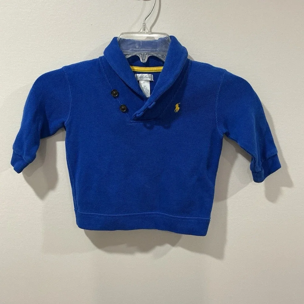 Ralph Lauren Baby Boys Cotton Shawl Collar Sweater Size 18M Blue Yellow Pony